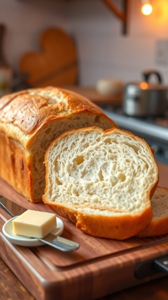 Soft and Fluffy Bread Machine Milk Bread Recipe A golden-brown loaf of milk bread sliced on a wooden board with butter and a knife.